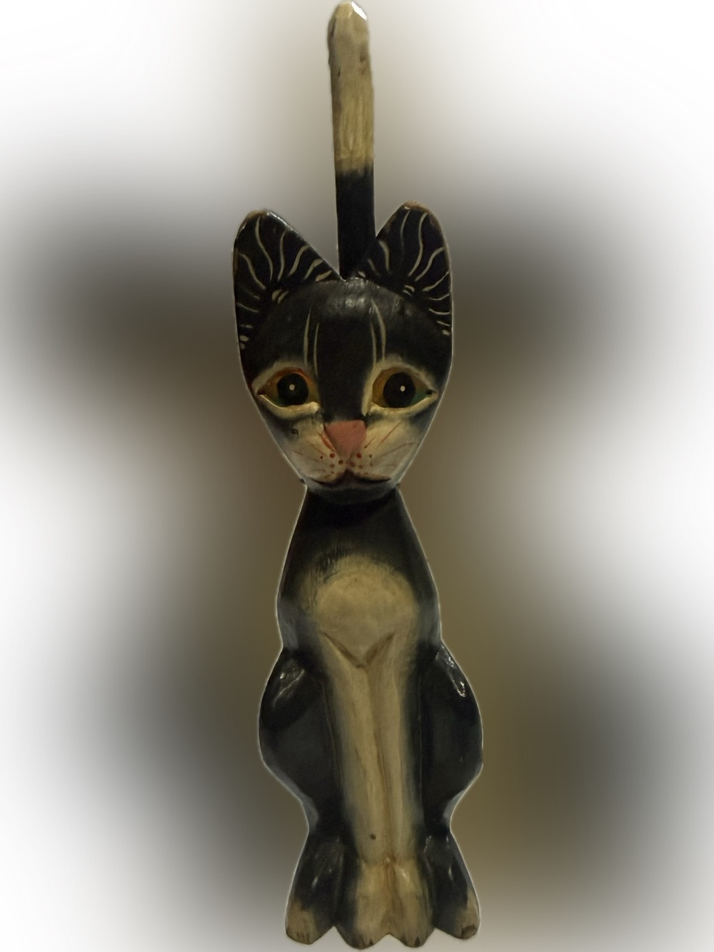 Carved Wooden Black Cat Figurine Painted Folk Art Kitty Décor